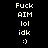 Two identical vertical of white pixelated text on a black background, each containing the words Fuck AIM lol idk :) in sequence