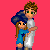 Pixel art of two figures embracing on a pink background, with repeated text elements in white and light pink.