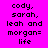 Pixelated text on bright pink background with green highlighted sections showing names and 'morgan= life' in black pixel font.