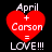 Four identical red heart-shaped icons with white text reading "April + Carson = LOVE!!!" on a black background.