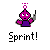 Pixelated character with purple body and head, white eyes, black outline, holding gray object; text 'Sprint!' below.