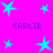 A static image with a bright pink background featuring multiple cyan star shapes and four instances of the text 'CARLIE' in purple pixelated font.