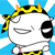 Two identical cartoon characters with white faces, black eyes, and yellow-and-black checkered headbands stand side-by-side against a blue background with white rays.