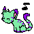 Pixel art of a green cat-like creature with purple accents in two poses, one facing left and the other right, against a gray background.