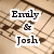 Pixelated text reads 'Emily & Josh' over a brown and beige patterned background with diagonal lines.