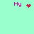 Pixel art icon with 'My' text and animated red symbols on mint green background