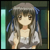 Anime-style girl with long brown hair and blue ribbons, wearing a white blouse with gray trim, making hand gestures against a green-tinted window background.