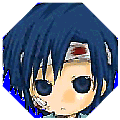 identical chibi-style character heads with dark blue hair, black eyes, and a red mark on the forehead, each with a blue outline