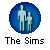 Blue circular icon with two light blue figures holding hands, below which is white text reading "The Sims" on a gray background.