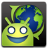 Pixelated green alien-like character with large white eyes and a wide blue smile stands in front of a blue and green globe on a dark gray background.