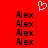 Red background with white pixelated heart above four of black 'Alex' text on each side