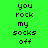 Green background with black text reading 'you rock my socks off' in three , where blue rectangles highlight different words across frames