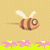 Pixelated bee with orange and brown stripes flies across a beige background with green grass and pink flowers.