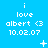 Pixelated blue background with repeated white text 'i love albert <3 10.02.07' and changing small symbols between