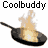 Animated contact sheet showing five sequential frames of a frying pan with cooking flames, each labeled "Coolbuddy" above or below the icon.