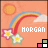 Pixelated rainbow, sun, and flowers on peach background with 'MORGAN' text; four color-block variations in bottom-right corner.