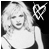 A black-and-white animated icon shows a woman with blonde hair in a sleeveless top, her mouth and facial expression changing across frames while holding a heart-shaped object.