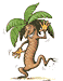 Animated pixel art of a brown anthropomorphic tree with green palm fronds, holding a yellow star, dancing with one leg lifted and arms raised.