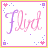 Animated contact sheet of five 48x48 pixel AIM buddy icons featuring the word "Fliyd" in cursive script with pink and purple color variations, surrounded by small heart and square symbols on a white background with yellow border.