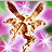 Pixelated cartoon fairy with brown wings and body against a pink-purple floral background, rendered in low-resolution 48x48 pixels with visible dithering.