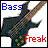Pixelated image of a dark-colored electric guitar with colorful accents, blue 'Bass' text top-left and red 'Freak' text bottom-right on white background.