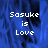 Blue background with pixelated text "Sasuke is Love" in white, displayed across four showing different portions of the image