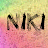 Two side-by-side animated frames of a pixelated text icon showing "NIKI" with color transitions on the letters against a gradient background.