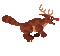 Four pixel-art frames of a brown reindeer-like creature with antlers, red nose, and striped tail against gray background.