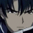 Anime-style character with dark blue hair and light skin, side profile against black background with pixelated text.