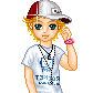 Pixelated character with blonde hair wearing red-and-white cap, white t-shirt with blue text and logo, black beaded necklace, pink wristband; hand near ear in multiple poses.