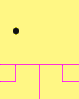 Yellow background with pink lines and gray vertical bars; black dots move across the while text and a green circle change appearance