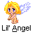 Pixel art angel with blonde hair and blue eyes in multiple poses with white wings and pinkish skin, labeled 'Lil' Angel' below.