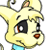 Pixelated yellow cartoon character with large ears, one eye closed in a wink, and a small blue collar against white background.