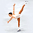 A figure skater in a white costume performs a one-legged pose with arms extended against a light background, surrounded by orange text on blue.