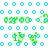 Green pixelated text and symbols on a white background with light blue circular patterns, animated to shift positions across frames.