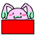 Pixelated pink rabbit with green-tipped ears and blush marks appears above red rectangular banner displaying text changes.
