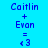 Pixelated text displays 'Caitlin + Evan = <3' on four distinct background colors: cyan, teal, green, and light cyan.