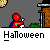 Pixel art animation of a red-headed character in blue and green clothing holding a white object, standing before a brown tree with green foliage under gray sky.