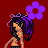 Pixel art contact sheet showing two frames of an animated icon with a cartoon character, purple flowers, and text on a red background.