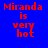 Red text 'Miranda is very hot' on blue background with green rectangular overlays shifting across the image in a sequence.