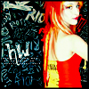 A static icon shows a woman with long red hair in a red dress, standing against a dark background with stylized text and blue patterns.