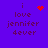 Purple background with pixelated text 'i love jennifer 4ever' and red heart or starburst symbols replacing the 'i' in different frames.