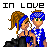 Pixel art buddy icon showing two characters in blue and white checkered outfits with text "IN LOVE" above them on a transparent background.