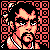 Pixelated static icon featuring a stylized character with dark hair and peach-toned skin against a black background, framed by red-and-black geometric patterns.
