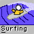 Pixelated icon shows a yellow figure with a white helmet surfing on a gray wave against a blue background with white spray.