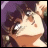 Pixelated anime-style character with dark hair and closed eyes, next to stylized text on a black background.