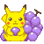 Pixel art of Pikachu holding purple grapes in two animation frames with different facial expressions against a gray background.