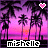 Pixelated sunset scene with palm trees, pink and purple gradient sky, two heart icons above the trees, and 'mishelle' text at bottom.