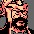 Pixelated static icon of a bearded figure with glasses, wearing a red headscarf and black clothing against a gray background.