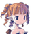 Pixelated anime-style character head with brown and purple hair, large blue eyes, and a neutral expression on a white background.